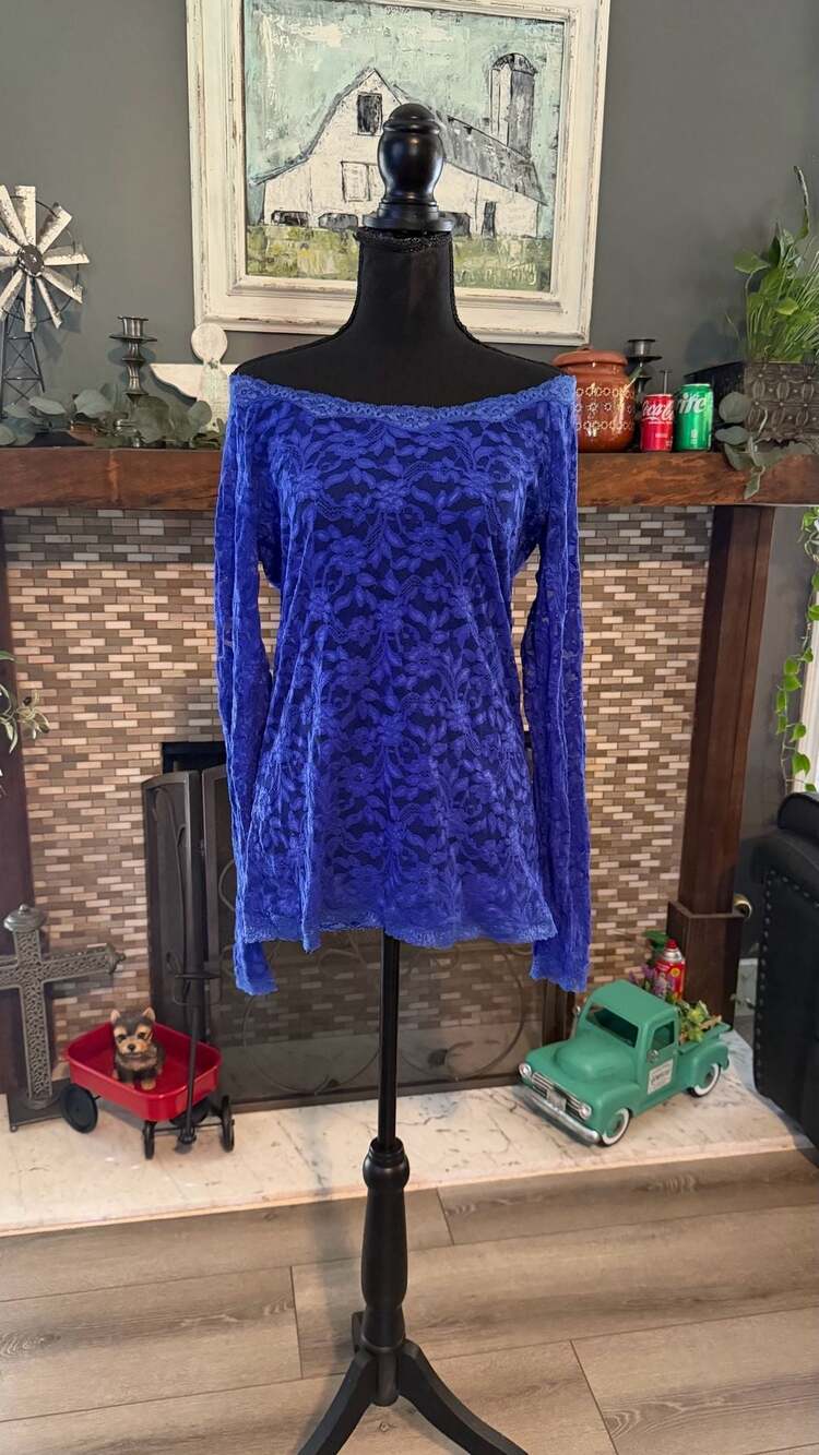 Moda International Blue Floral Lace Off-The-Shoulder Long Sleeve Top Size L